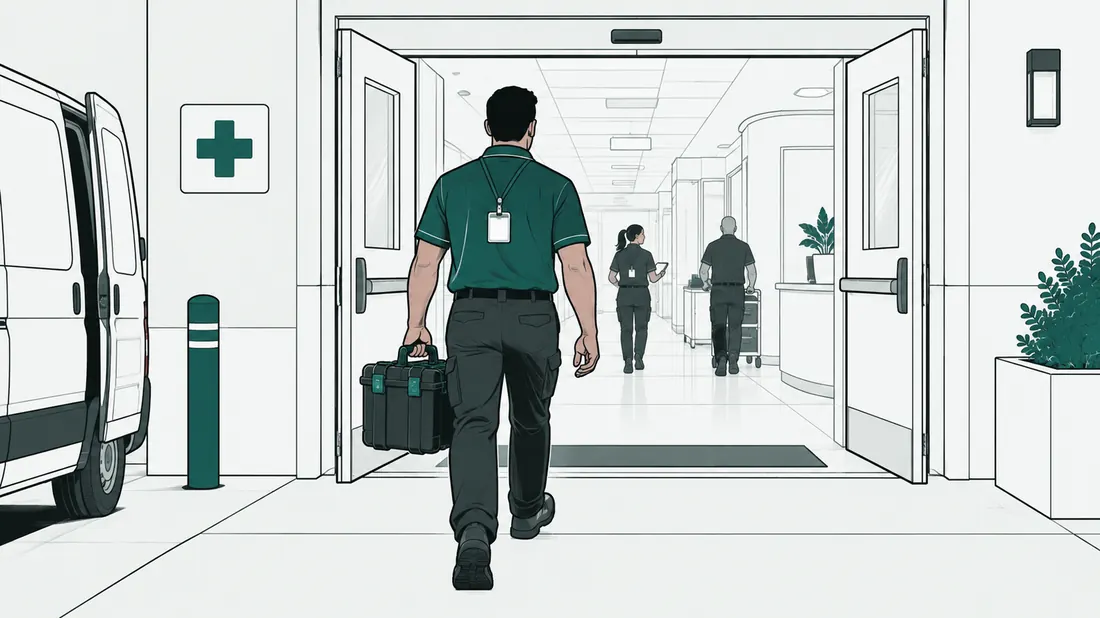 BRX-101 BMET and ISO career pathway | BiomedRx Academy A biomedical equipment technician arriving at a hospital entrance with a tool case