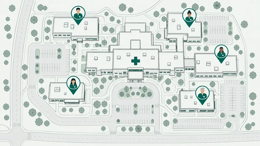 BRX-201 healthcare facilities and providers | BiomedRx Academy Map of a hospital campus with local BiomedRx technicians marked near each building