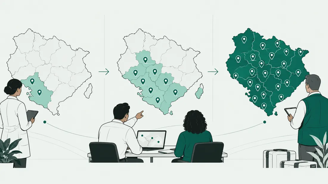 BRX-301 medical equipment manufacturers | BiomedRx Academy Service coverage map growing across a region as BiomedRx network members are added