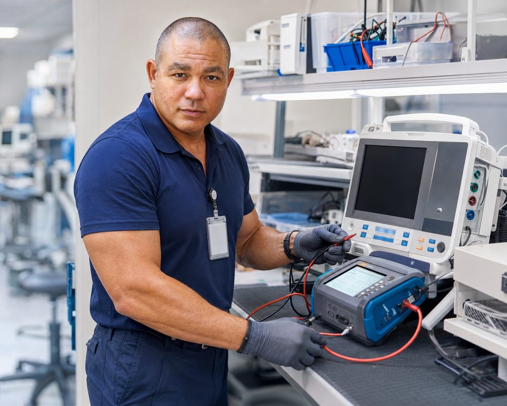 AI medical device troubleshooting | BiomedRx App Biomedical equipment technician using BiomedRx App AI to troubleshoot a medical device
