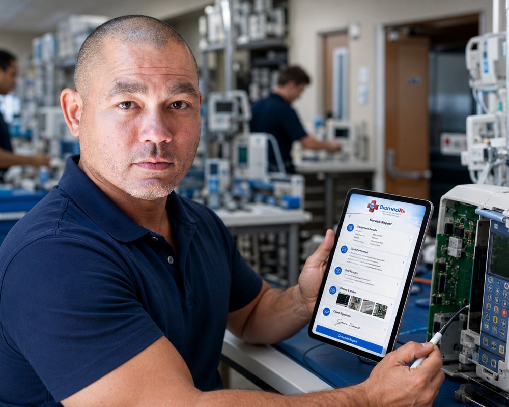 Bench repair service report | BiomedRx App Bench repair of a medical device documented in a BiomedRx App service report
