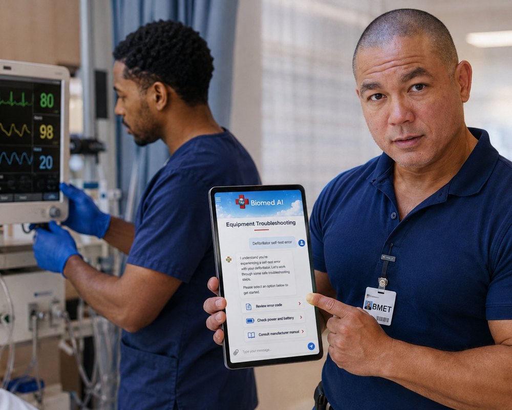 Biomed AI troubleshooting at the bedside | BiomedRx App Biomed AI equipment troubleshooting in the BiomedRx App at a patient monitor bedside