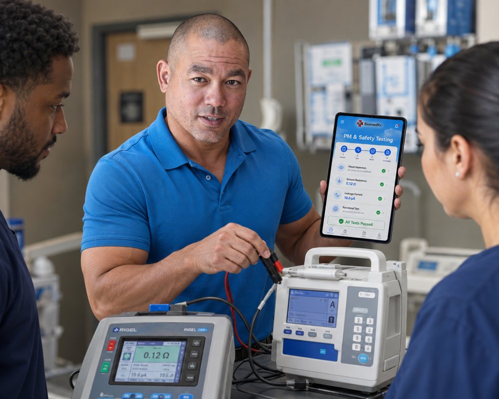 Infusion pump electrical safety testing | BiomedRx App Electrical safety testing on an infusion pump captured automatically in the BiomedRx App