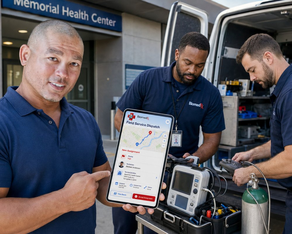 Field service dispatch | BiomedRx App Field service dispatch assignment accepted in the BiomedRx App at a medical equipment service van