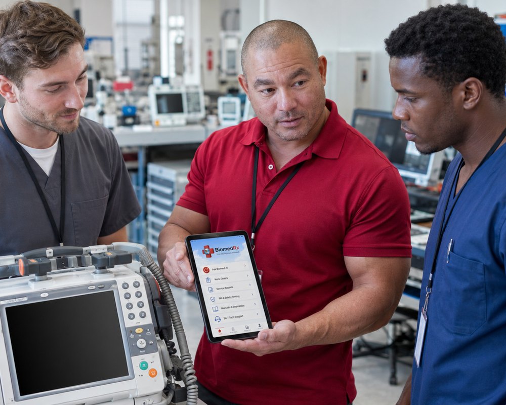 BiomedRx App home dashboard reviewed by a BMET team Biomedical equipment technicians reviewing the BiomedRx App home dashboard on a tablet in a hospital biomed shop