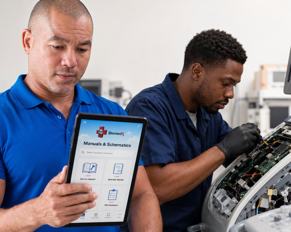 Ultrasound schematics and board-level repair | BiomedRx App Wiring schematics open in the BiomedRx App during a board-level ultrasound system repair