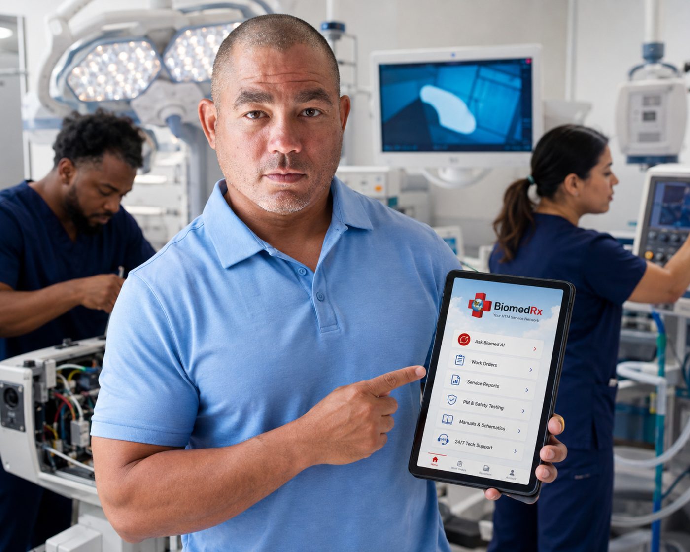The BiomedRx App main menu | Ask Biomed AI The BiomedRx App main menu with Ask Biomed AI, work orders, service reports, PM and safety testing