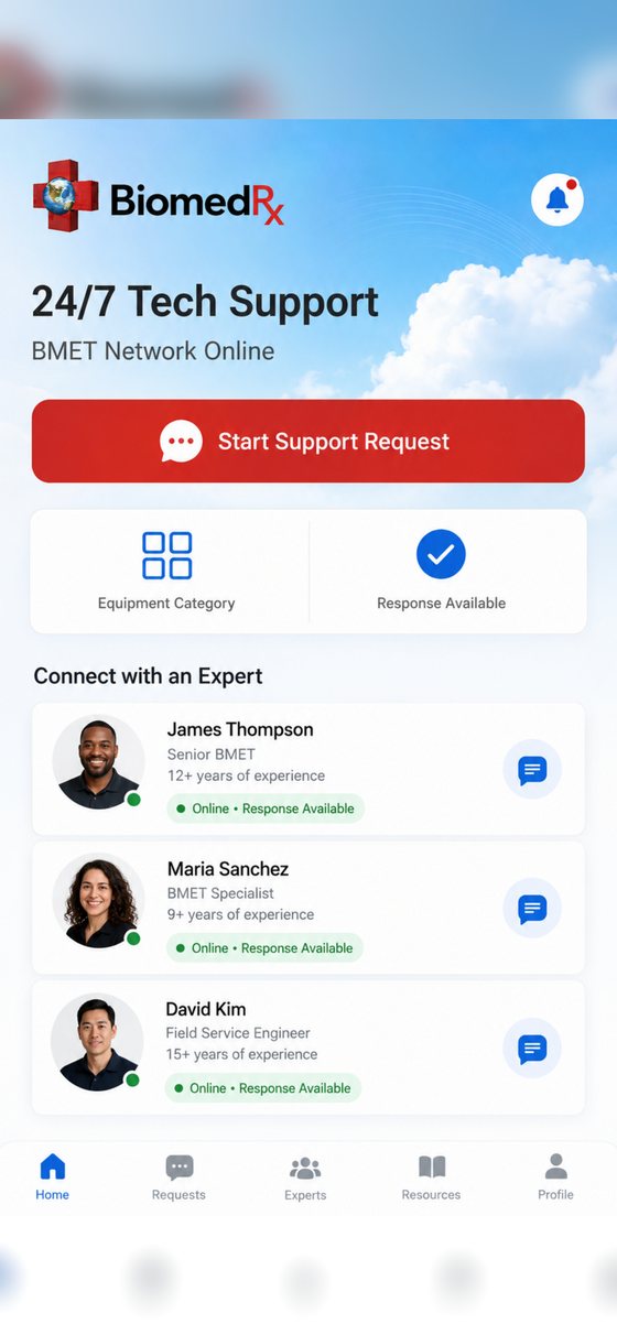 BMET network tech support | BiomedRx App Network tech support in the BiomedRx App connecting to senior BMETs and field service engineers on the BiomedRx network