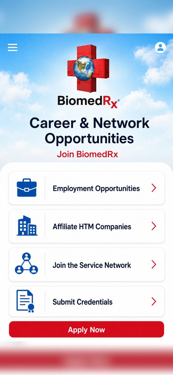 Careers and service network | BiomedRx App Career and network opportunities in the BiomedRx App with employment openings, affiliate HTM companies and service network membership