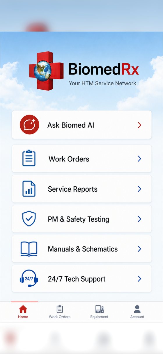 Home dashboard | BiomedRx App The BiomedRx App home dashboard with Ask Biomed AI, work orders, service reports, PM and safety testing, manuals and schematics, and network tech support